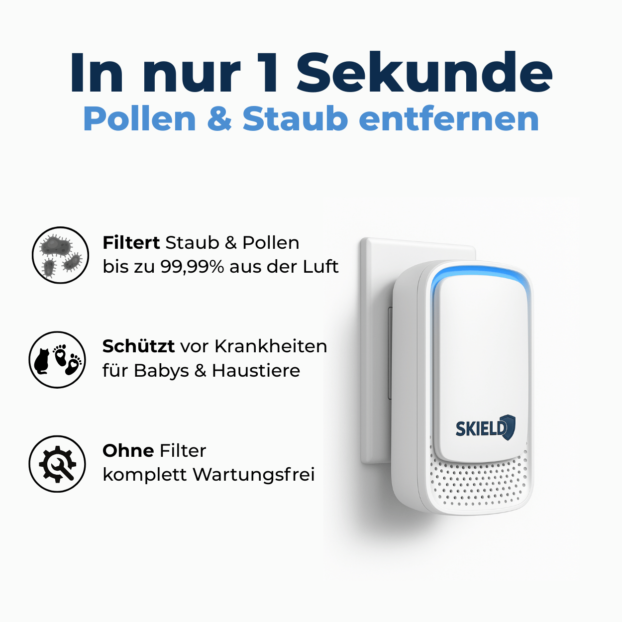 DustShield Luftreiniger in Nahaufnahme – kompakter Helfer gegen Pollen, Hausstaub und Allergene